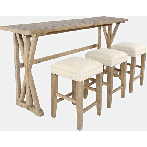 Crossing Counter Height Sofa Table Set with 3 Stools in Distressed Pine & Fabric